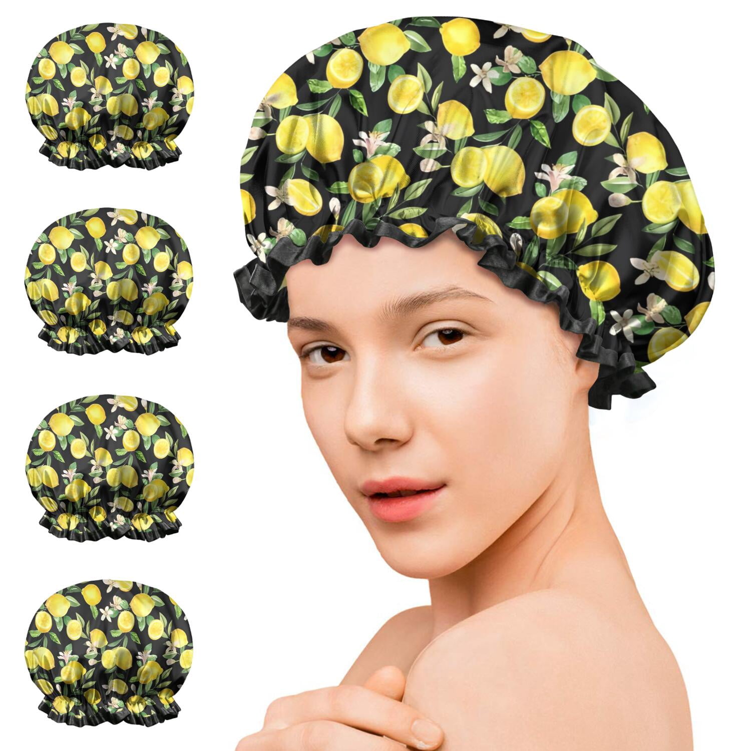 Shower Caps,Yellow Lemon Fruit Flowers Black Pattern Waterproof Shower Cap for Women 4 Pieces,Double Reusable Hair Cover for Shower PEVA Elastic Stretch Hem