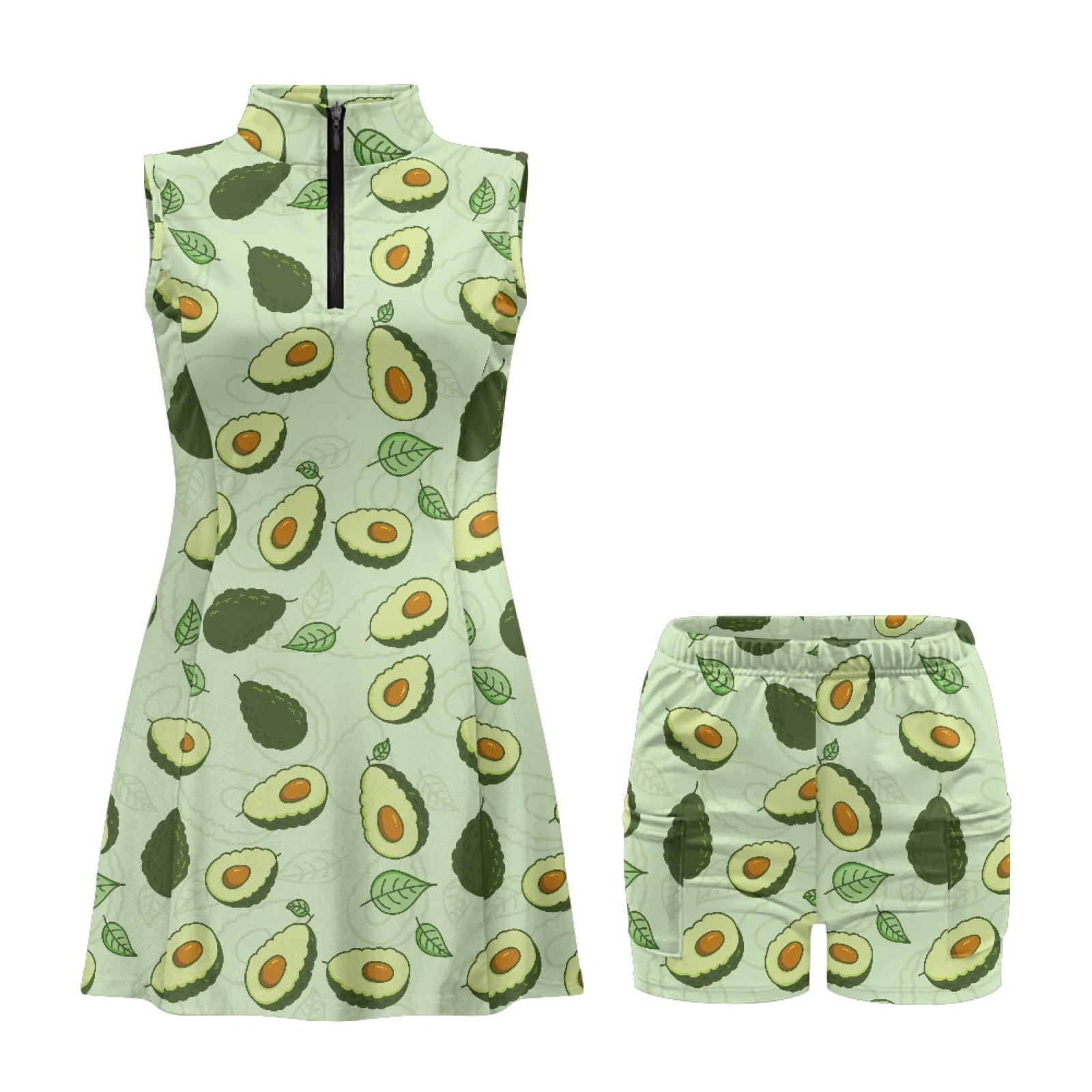 COEQINE Avocado and Leaf Green Print Women's Golf Dress with Collared Design Sleeveless Zip Up Sports Dresses with Built in Shorts and Pockets 2 Pieces Elastic Workout Outfits, S