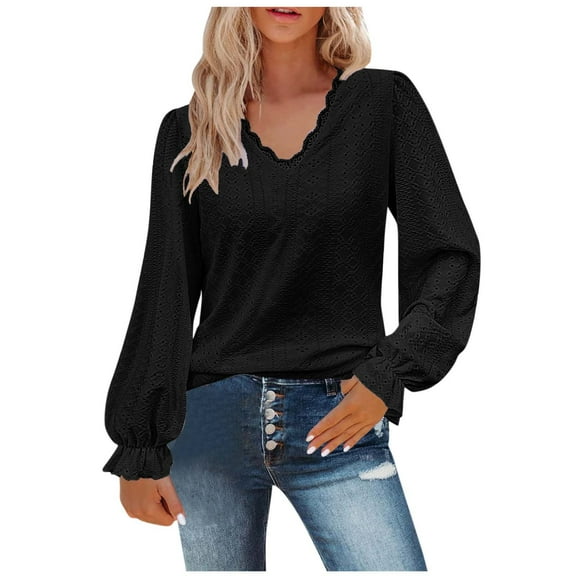 XFLWAM Women's Long Sleeve T Shirt Lace Hollow Casual V Neck Tops Blouse Black M