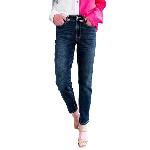Prolriy Jeans para mujer, vaqueros ajustados con dobladillo, cintura alta, elásticos, modernos, casuales, deportivos, ajustados, vaqueros para mujer, vaqueros para mujer, azul 1 L