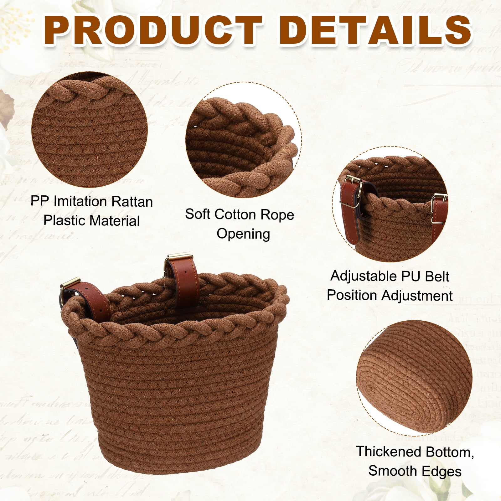 Uxcell Bike Basket, Cotton Rope Bicycle Basket Adjustable Front Baskets with 2 Leather Belt Buckles Unisex Strong Load 8.8 x 6.7 x 6.5" & Dark Brown-Fitting For(Bikes/Tricycle/Scooters)