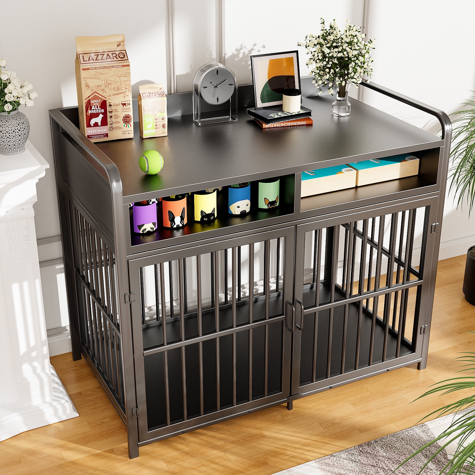 ModFurne Large Dog Crate Furniture with Drawers Storage, Puppy Dog Kennel Indoor with Double Doors, Black