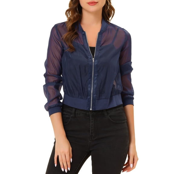 INSPIRE CHIC Women's Long Sleeves Zip Up See Through Lightweight Bomber Jacket XL Blue