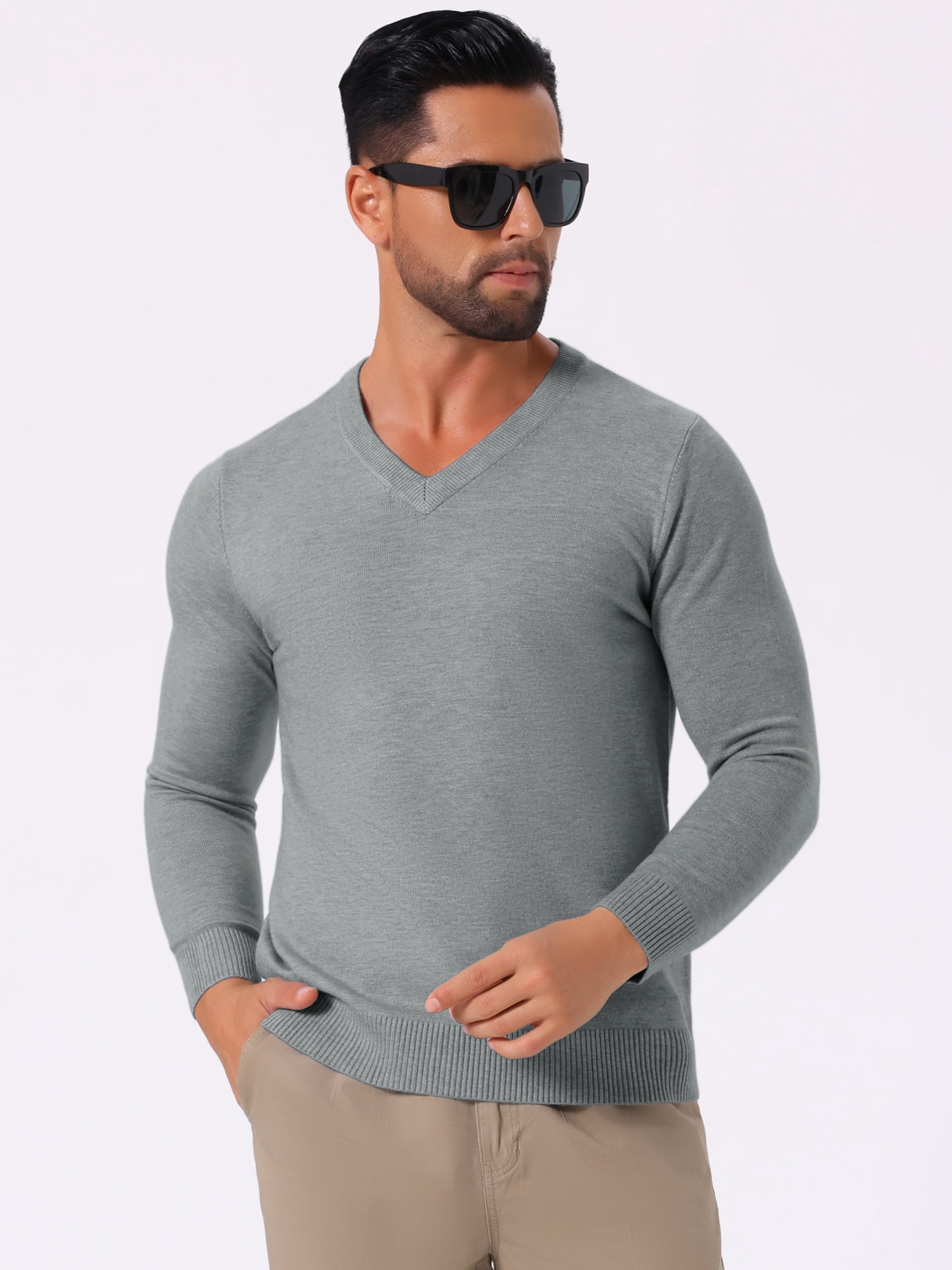 DARING DIVA Men's Long Sleeve V-Neck Solid Knitted Pullover Sweater M Gray
