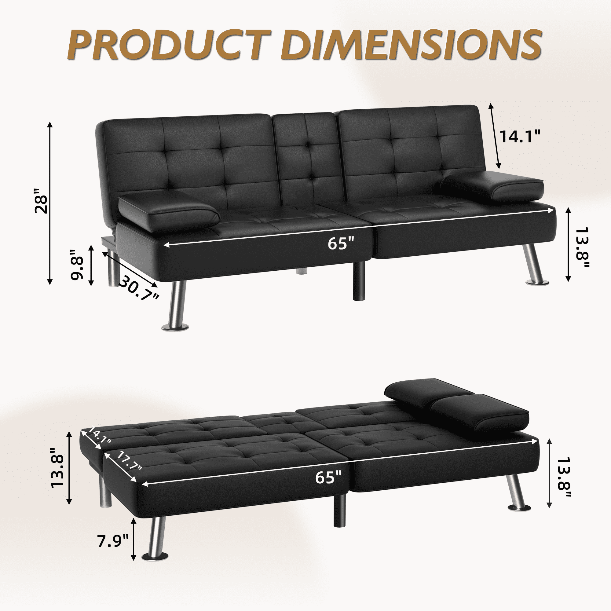Vineego Modern Faux Leather Couch Convertible Folding Futon Sofa Bed with 2 Cup Holders,Black