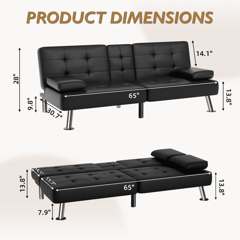 Comfy Living Faux Leather Sofa Bed With Cup Holder In Black Baci