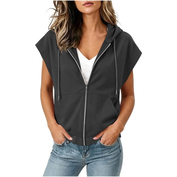LLYWEY Soft Zip-Up Hooded Jackets Women Casual Drawstring Zipper Short Sleeve Hoodie with Pockets