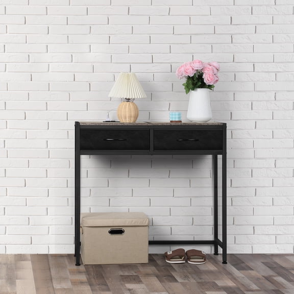 33" Console Table with Fabric Drawers, Entryway Table with Power Outlets & USB Ports, Industrial Sofa Table with Storage for Living Room, Foyer, Hallway – Grey