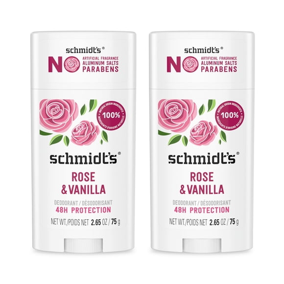 Schmidt's Déodorant Végétalien Sans Aluminium Rose et Vanille avec Protection contre les Odeurs 24 Heures, Lot de 2 pour Femmes et Hommes, Ingrédients Naturels, Sans Cruauté, 2,65 oz