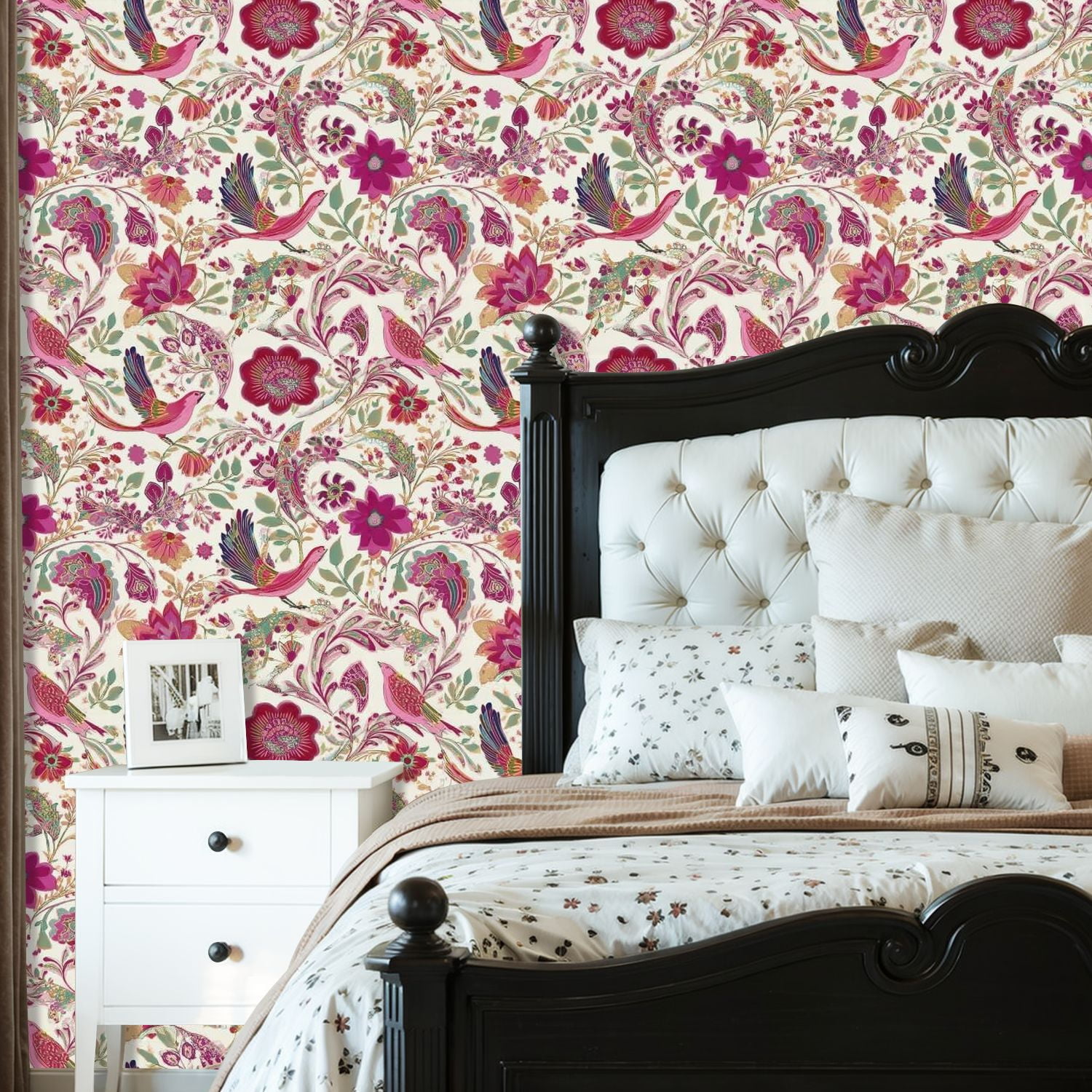 Paisley Peel and Stick Wallpaper 23.6in x 9.8ft Whimsical Floral Bird Rich Pink Purple Gold Tones Contact Paper Vinyl Waterproof Self Adhesive Wall Paper for Bedroom Shelf Cabinet Renter Friendly