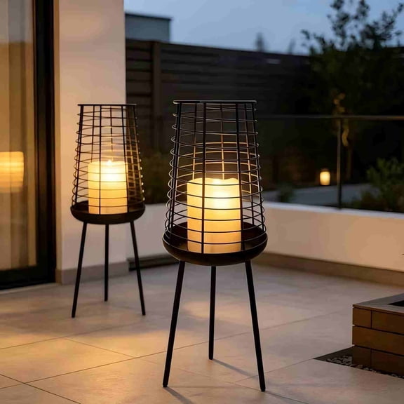 Goodea Solar Outdoor Candle Lanterns with Tripod Stand, Waterproof Decorative Metal Wire Candle Holder, Auto On/Off Warm Glow Solar Powered Lights for Patio, Porch, Deck, Courtyard, 1-Pack