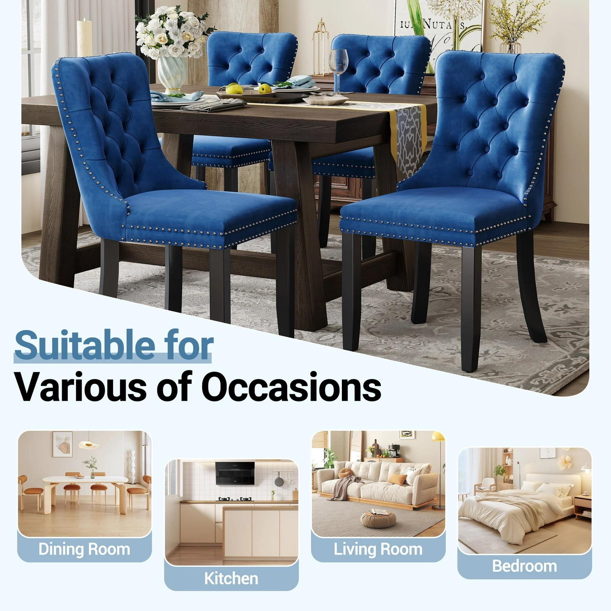 Dining Chairs Set of 2, Upholstered High-End Tufted Dining Room Chair with Back Ring and Nailhead Trim, Modern Velvet Kitchen Chairs with Solid Wood Legs for Kitchen, Home,Blue
