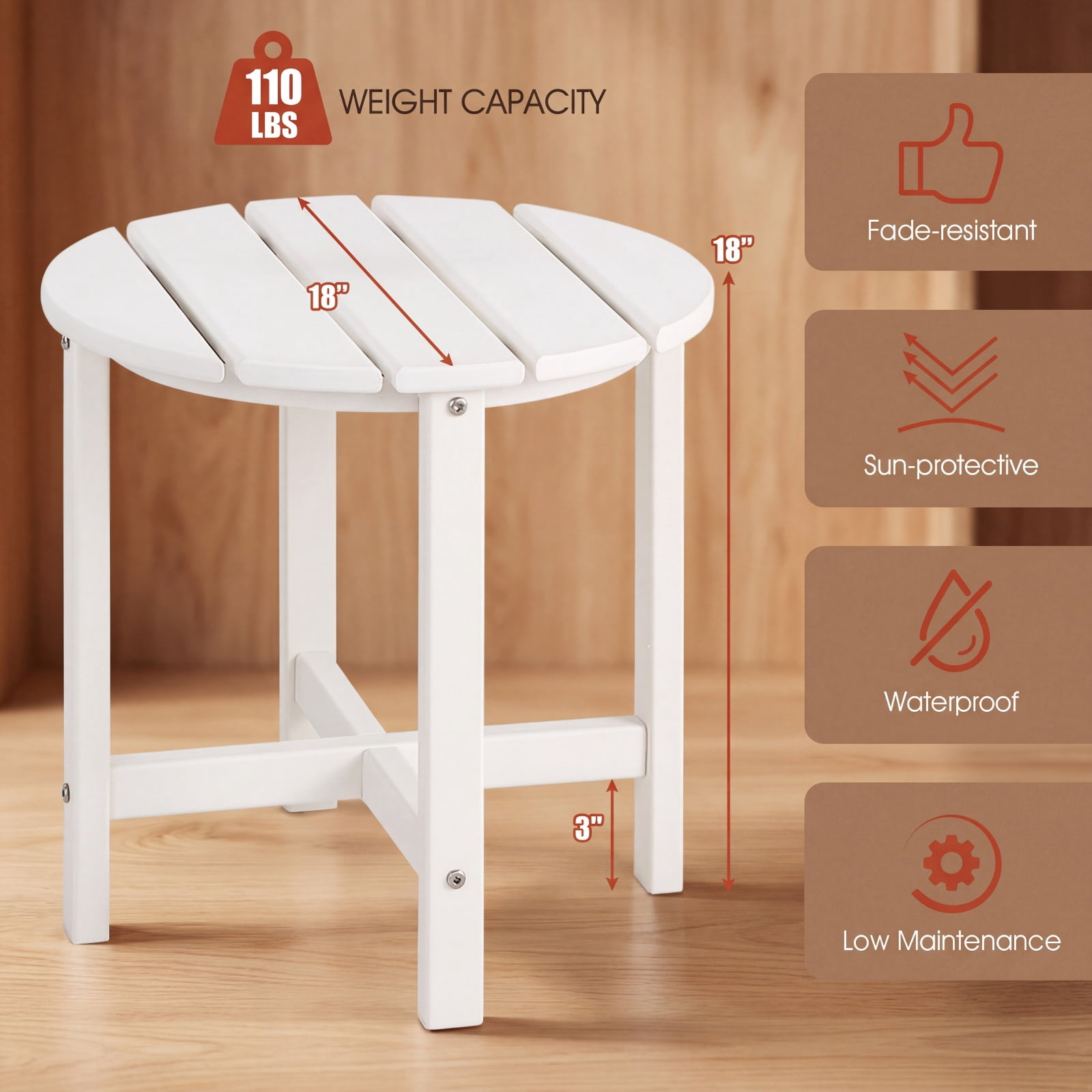 Furnibear 18 Inch Round Weather Resistant Adirondack Outdoor Side Table with Slatted Top for Patio Deck and Garden Seating, White