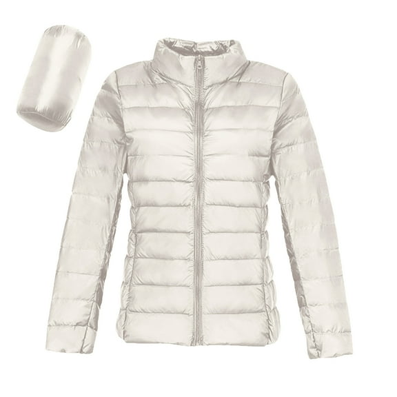 Light Down Jacket Womens Packable Stand Collar Full Zip Quilted Puffer Coat with Pockets Long Sleeve Solid Color (XL, White)