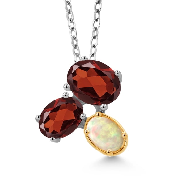 Gem Stone King 925 Silver and 10K Yellow Gold Red Garnet and White Ethiopian Opal Pendant Necklace for Women (2.82 Cttw, Oval 8X6MM, 7X5MM and 6X4MM, Gemstone January Birthstone, with 18 inch Chain)