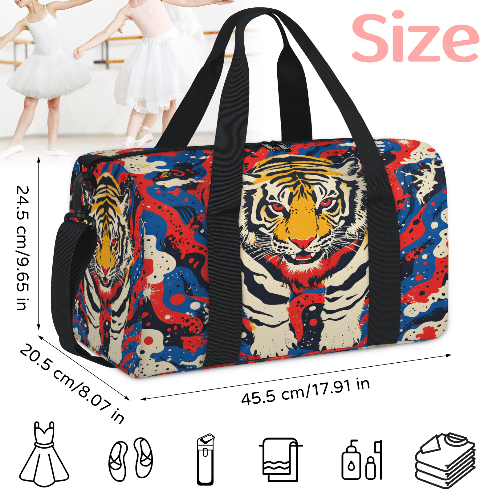 Herdesigns Tiger Gym Bag for Women, Duffle Bag for Travel Sport, Wild Animal Lightweight Waterproof Carry on Weekender Dance Yoga Workout Bags