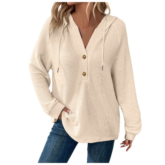 Hoodie Women Trendy Solid Color Hooded Button Loose Long Sleeved V Neck Sweatshirts Fall Tops,Beige,2XL