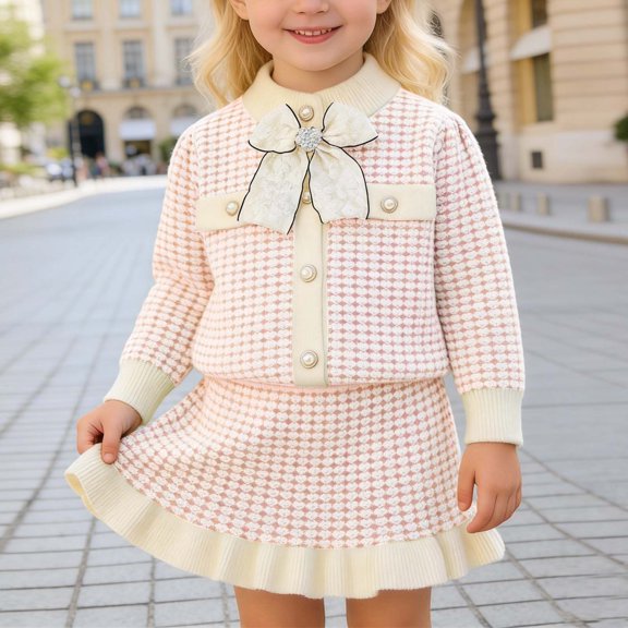 SONGGE Elegant Girls Autumn Knit Cardigan Two Piece Style Outfit Sets Toddlers Kids Tops Skirts Cute Clothes Sets