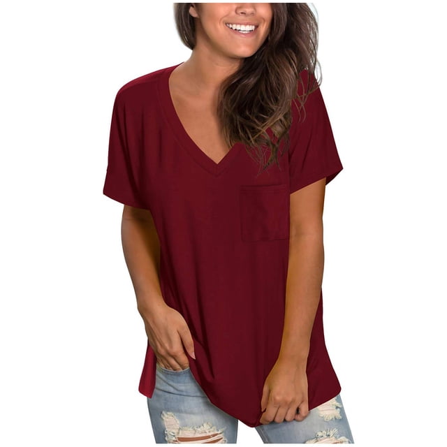 Pxiakgy T-Shirts pour Femmes T-Shirt Décontracté Confortable Col en V Couleur Unie avec Poche Coupe Ample Manches Courtes T-Shirts Rouges + S