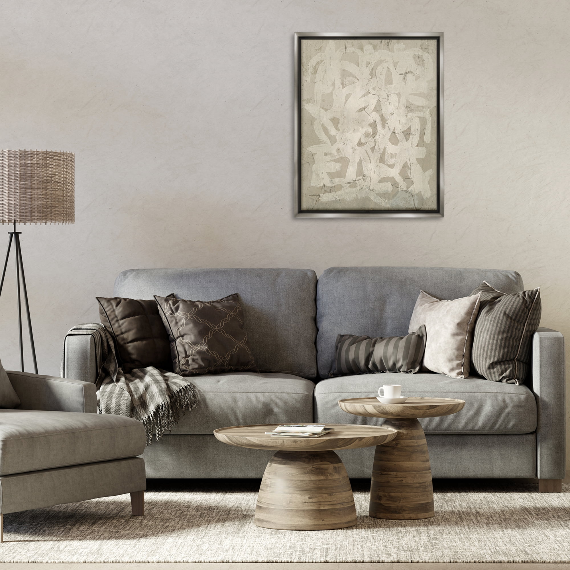 Stupell Industries Neutral Chaotic Pattern Abstract Painting Gray Floater Framed Canvas Art Print Wall Art, 25 x 31