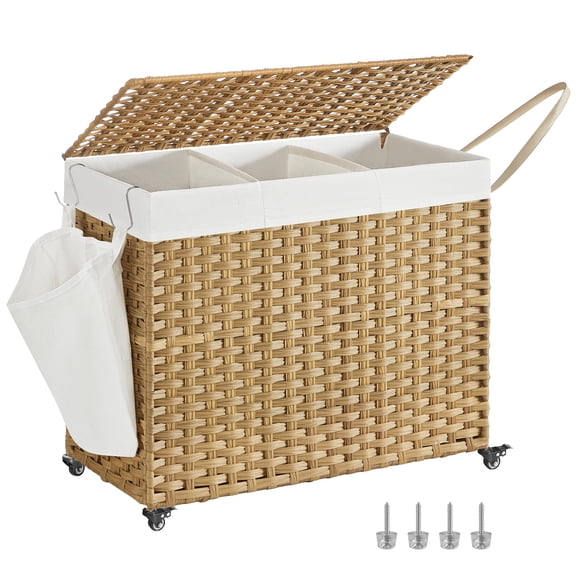 Natural Synthetic Rattan Laundry Hamper With Wheels 3 Section Rolling Laundry Basket With Lid Foldable Large Capacity Clothes Sorter Side Pocket For Bedroom Bathroom
