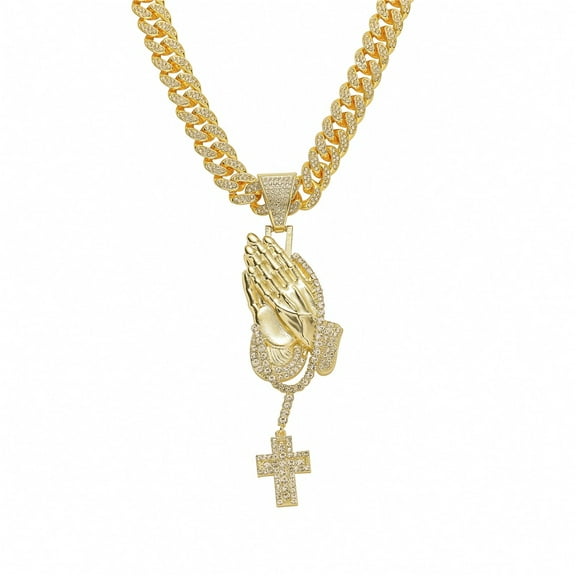 Hip Hop  Prayer Hands Cross Pendant Necklace with 13mm Miami Cuban Chain Iced Out Bling HipHop Necklaces Fashion Jewelry