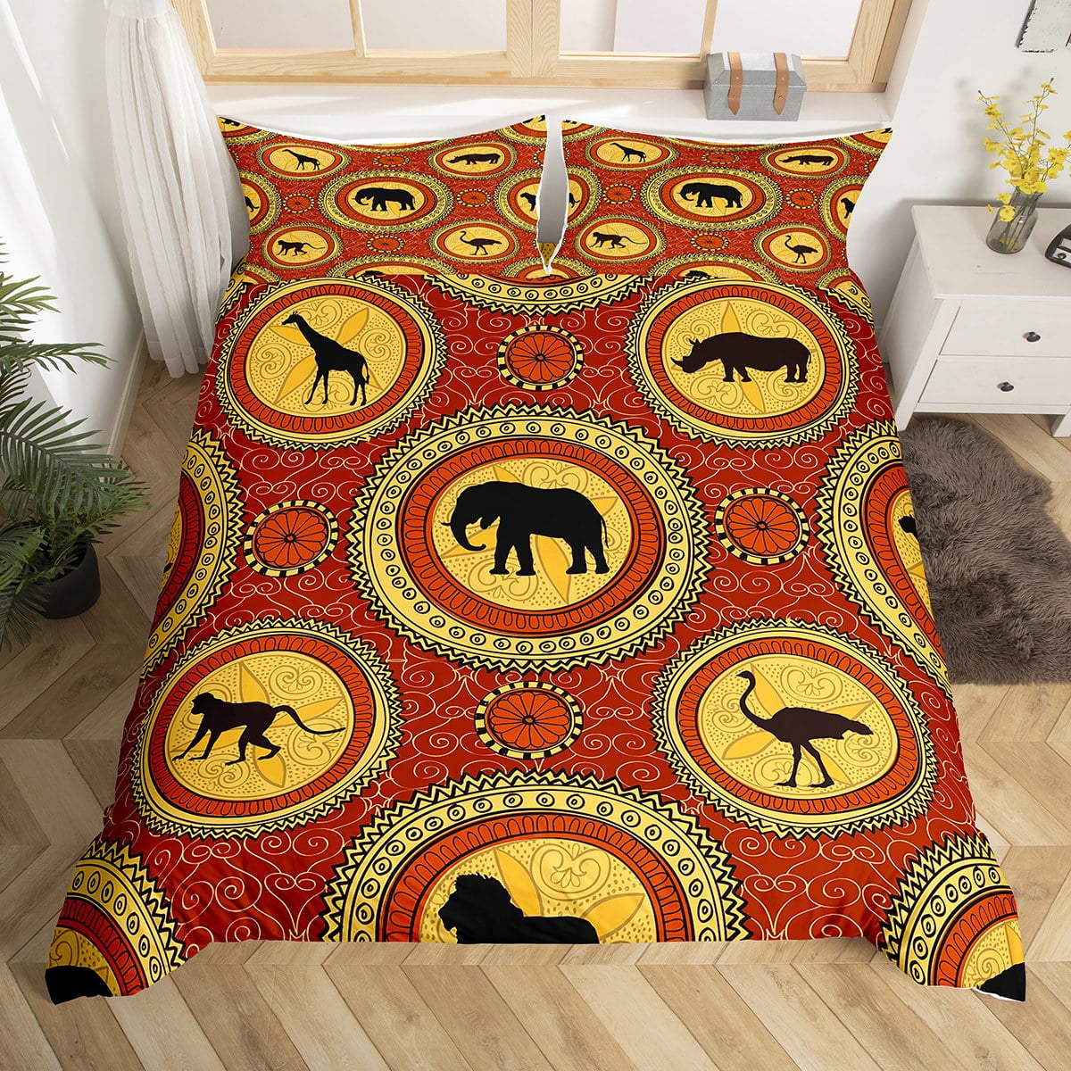 Giraffe Elephant Monkey Rhinoceros Duvet Cover,African Ethnic Bedding