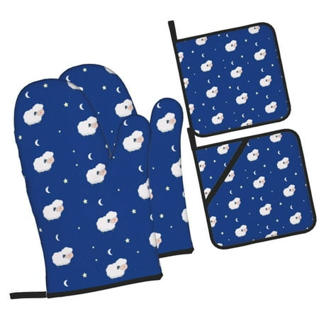 

Haiem Moon Lamb Print Extra Long Oven Mitts and Pot Holders 4pc Sets: Heat Resistant Silicone Oven Mittens with Mini Oven Gloves and Hot Pads Potholders