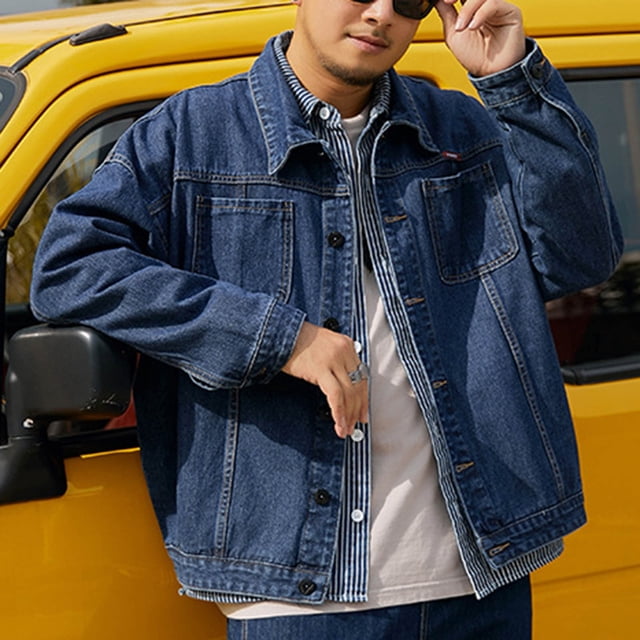Styesk Jackets for Men Men's Vintage Motorcycle Solid Color Button Pocket Long Sleeved Denim
