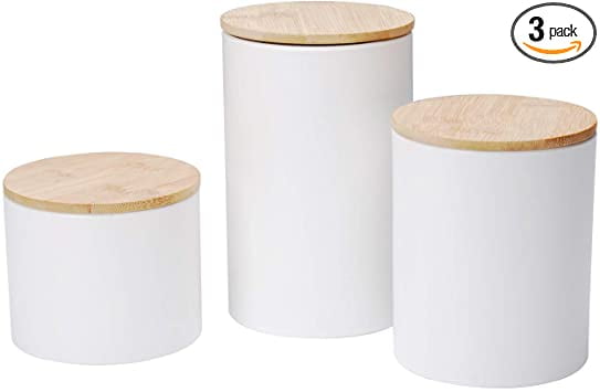 Set of 3 Ceramic White Marble Effect Tea Coffee Sugar Storage Jars/Canisters with Wooden Lids