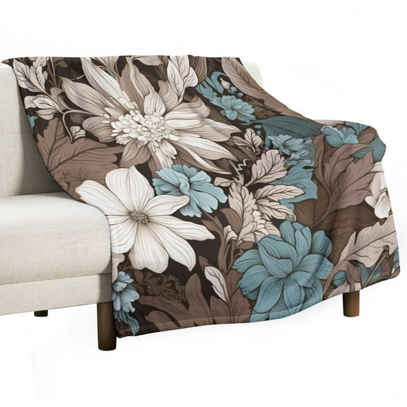 Brown Cream Grey Teal Floral Blanket Watercolor Tan Gray Beige Flowers Soft Throw Blanket 50"x60" Flannel Cozy Warm Plush Lightweight Throw Blanket for Couch Bed Sofa