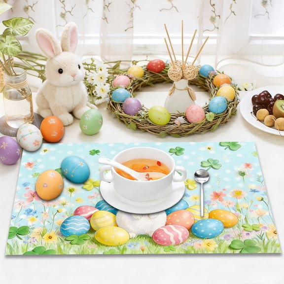 Wooowa Easter Bunny Egg Clover Placemats, Themed Printed Table Mats, Durable Non Slip Dining Mats, Holiday Party Table Decor, Easter Home Party Table Setting Decoration