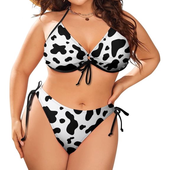 NICKSUN Women's Halter Padded Top Tie Side Bottom Swimsuit Cow Print 2 Piece Plus Size Bikini Bathing Suits