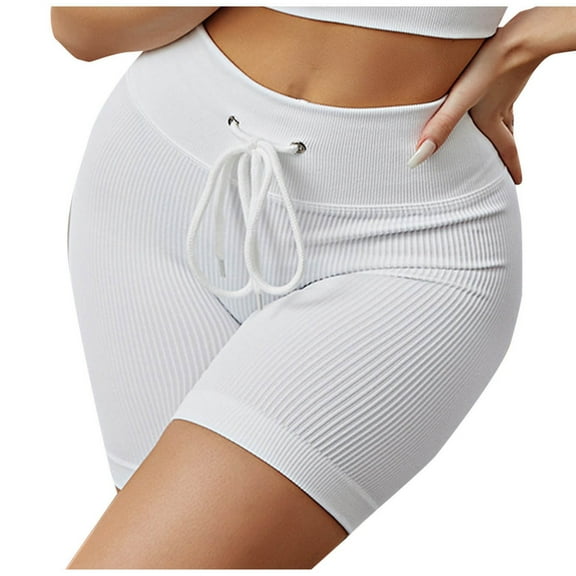 fatyb Women's Workout Shorts Drawstring Ribbed Biker Shorts Slim High Waist Stretch Athletic Yoga Shorts
