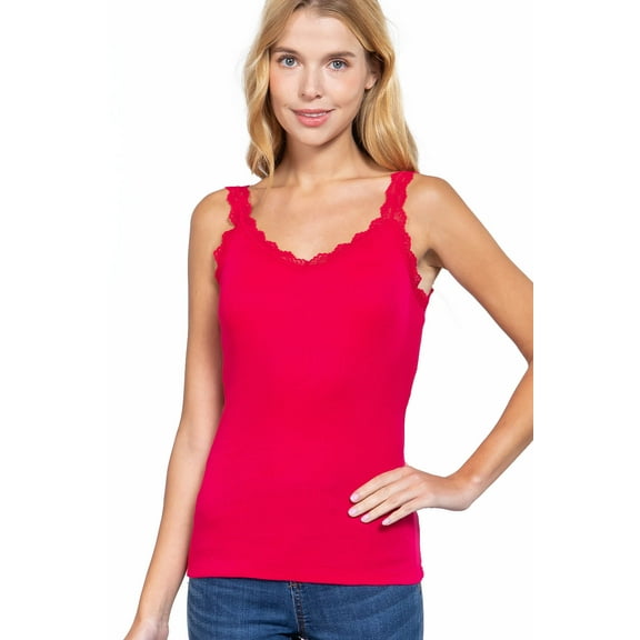 ShezPretty Women's Cami Tank Top Stylish V- Neck Lace Rib Knit (Medium, Hot Pink)