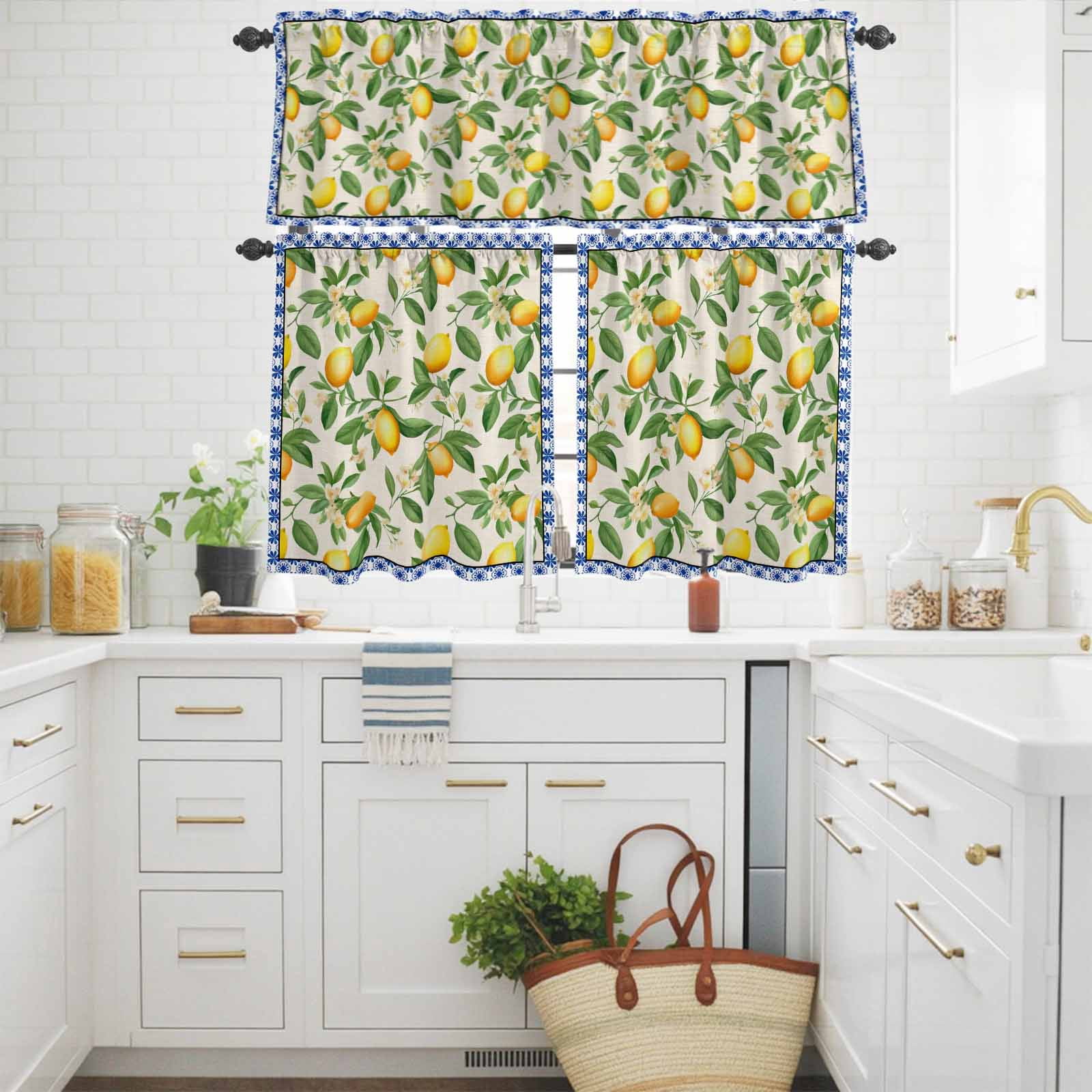 Lemon with Kitchen Curtains Valances 3 Piece Set, Leaves Blue Floral Pattern Linen Style Rod Pocket Tier Curtain and Valance Drapes for Small Window 36 Inch Length for Bedroom Cafe