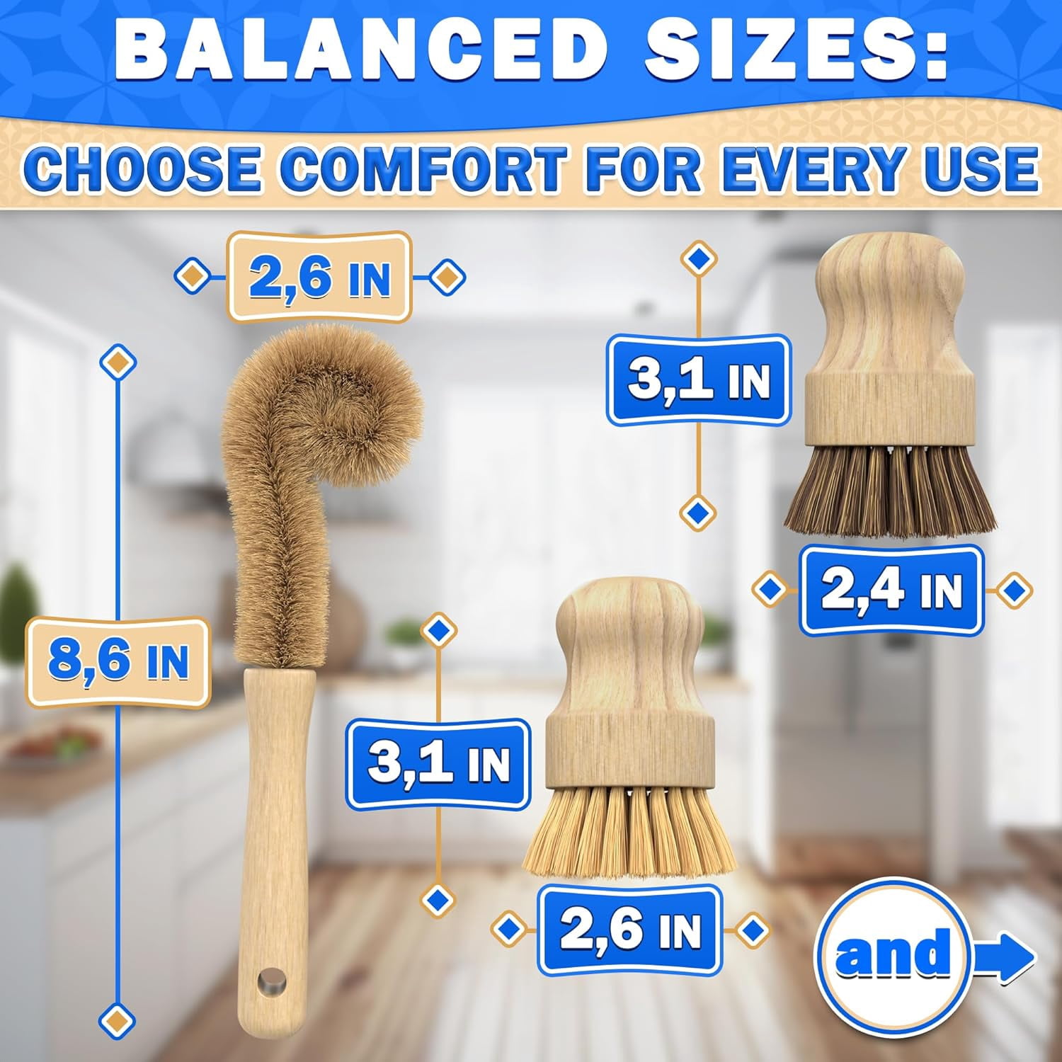 5 Pcs Bamboo Dish Brush Set – Scrubber with Soft & Stiff Non-Scratch Bristles Ergonomic Handle Replacement Head Included Lightweight Kitchen for Pots Bottles Vegetables