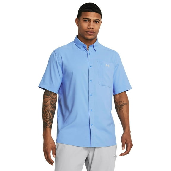 Men's Under Armour UPF 30 Drift Tide 2.0 Fitted Performance Short Sleeve Button-Down Shirt Color: Carolina Blue Size: S