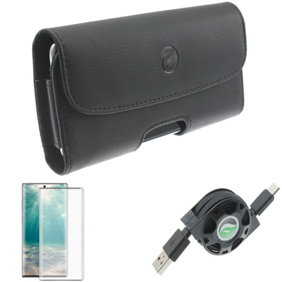Screen Protector & USB Cable & Case Belt Clip for Samsung Galaxy Note 20 (6.7") - Combo with Tempered Glass (Fingerprint Unlock) & Retractable Type-C & Leather Holster