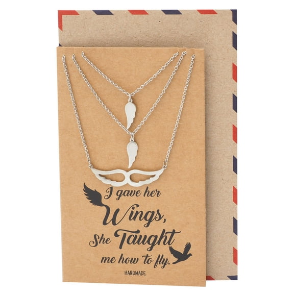 Quan Jewelry Mother Daughter Gifts for Mom Wings Set of 3 Necklaces, Inspirational Quote with Greeting Card