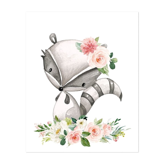 Raccoon, Forest Animals, Woodland Animals, Boho, Pink Flowers, Girl Nursery - Illustration Watercolor Floral Animal Whimsical Woodland Unframed Wall Art Print 6 x 8 inches