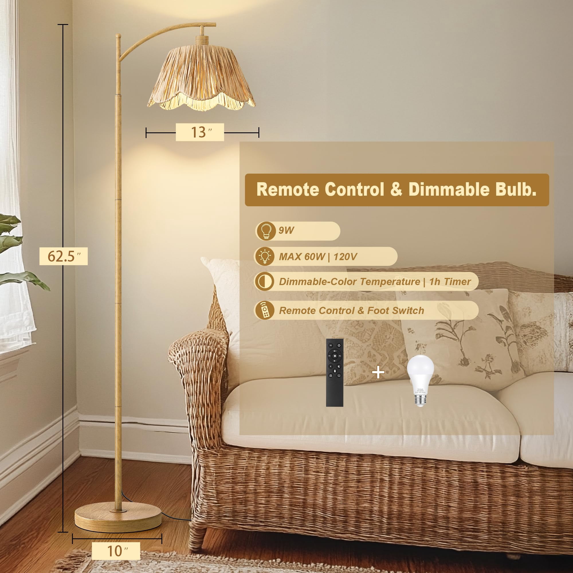 Arc Floor Lamp For Living Room With 3 Color Temperatures  Rattan Boho Remote & Dimmable Bulb Farmhouse Lamps Suitable Bedroom Study(light Woodgrain)