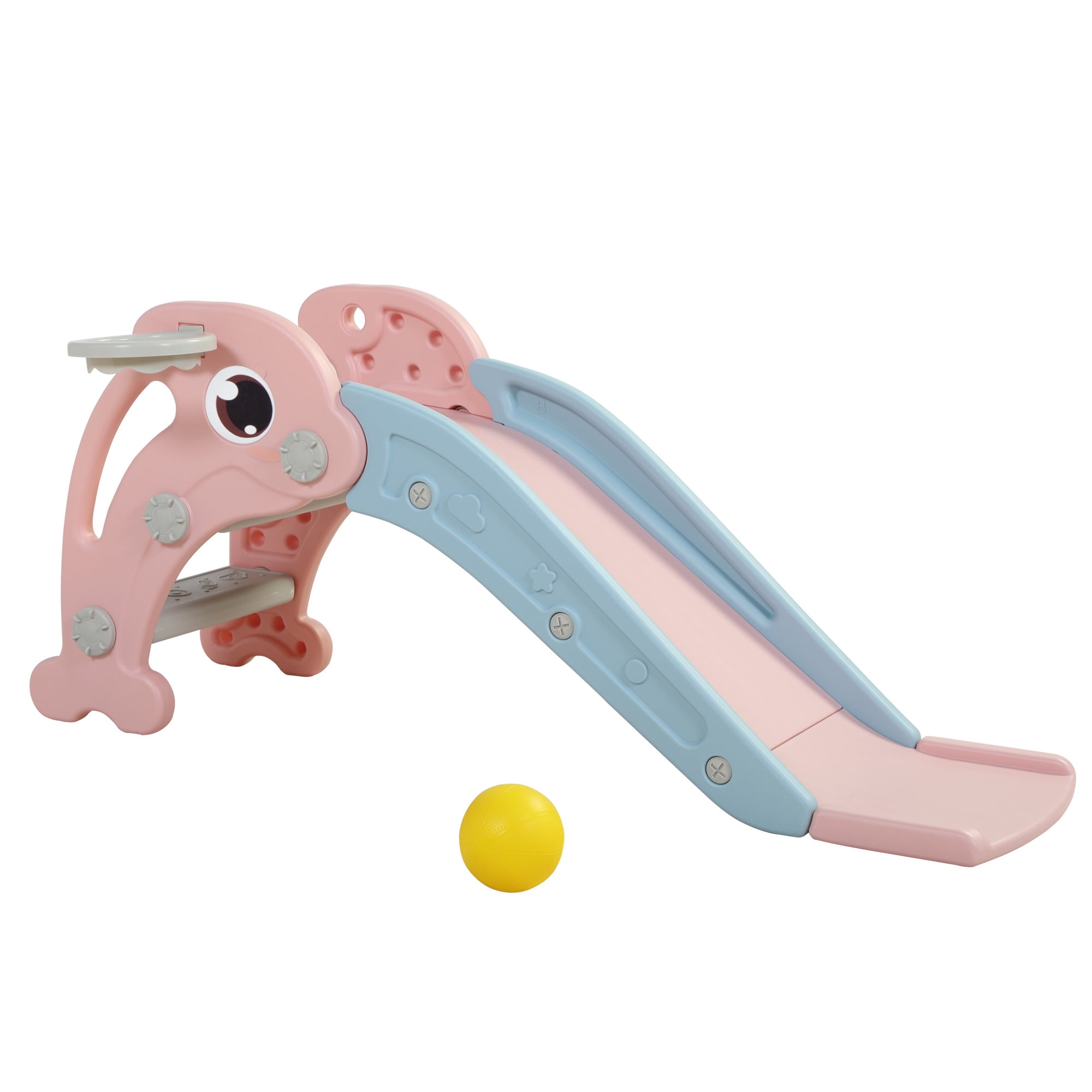 Kadyne 3 in 1 Toddler Slide Kids Slide, 44.5" Dolphins Play Slide for Outdoor and Indoor, Play Slide with Basketball Hoop, Ball and Ladder, Pink Kadyne 3 in 1 Toddler Slide Kids Slide, 44.5" Dolphins Play Slide for Outdoor and Indoor, Play Slide with Basketball Hoop, Ball and Ladder, Pink