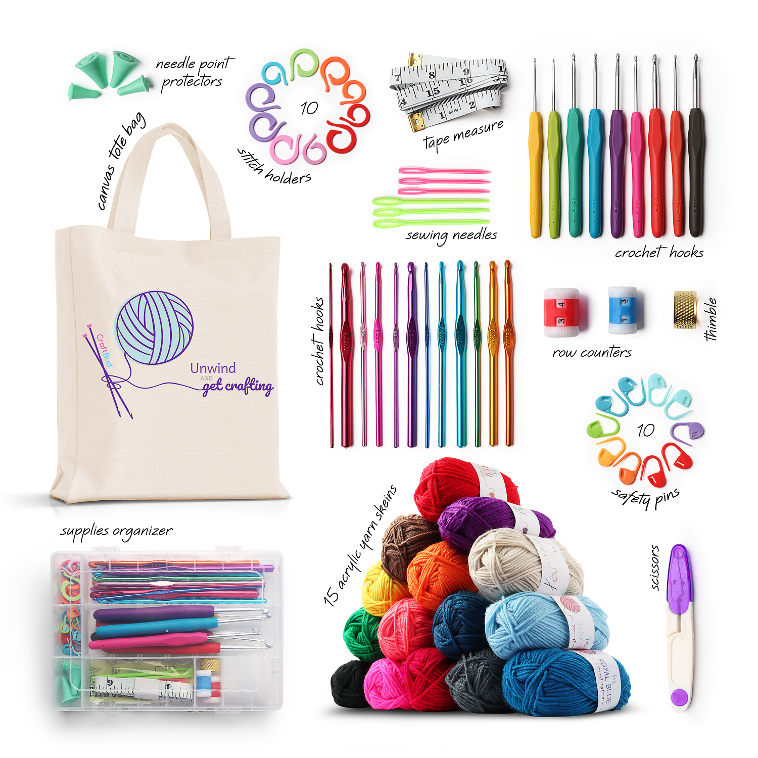 Craftbud 73 Piece Beginners Crochet Kit with Crochet Hooks Yarn Set, Premium Bundle Includes Yarn Balls, Needles, Accessories Kit, Canvas Tote Bag for Travel - image 3 of 9