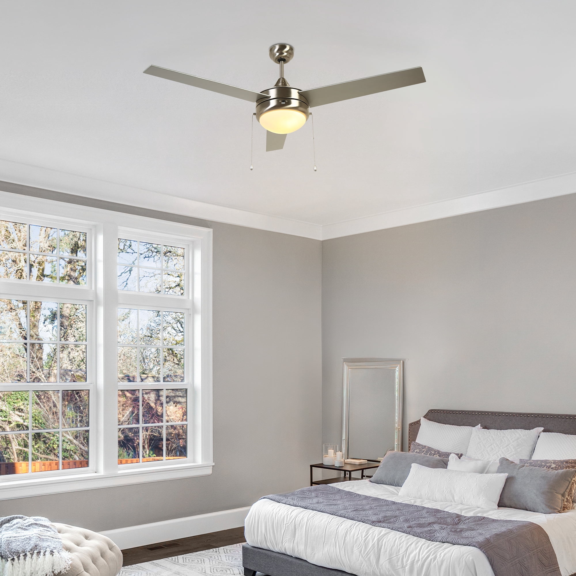 LNC 52 Inch Ceiling Fan,Brushed Nickel,3-Speed Pull Chain,2-Bulb E26 LED,Downrod Mount,Indoor,4600 CFM