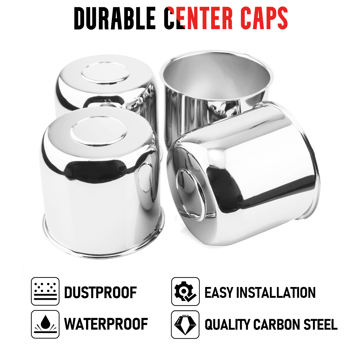 RTRhinotuning 4-Pack Chrome Wheel Center Caps For 4.88" Trailer Hubs - Push Through Design