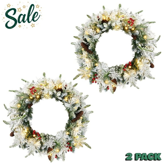 2-Pack Pre-Lit Snow-Flocked Christmas Wreaths, Warm White LED Lights, Red Berries & Pine Cones, 8 Modes, Battery Operated (Snowy Green)