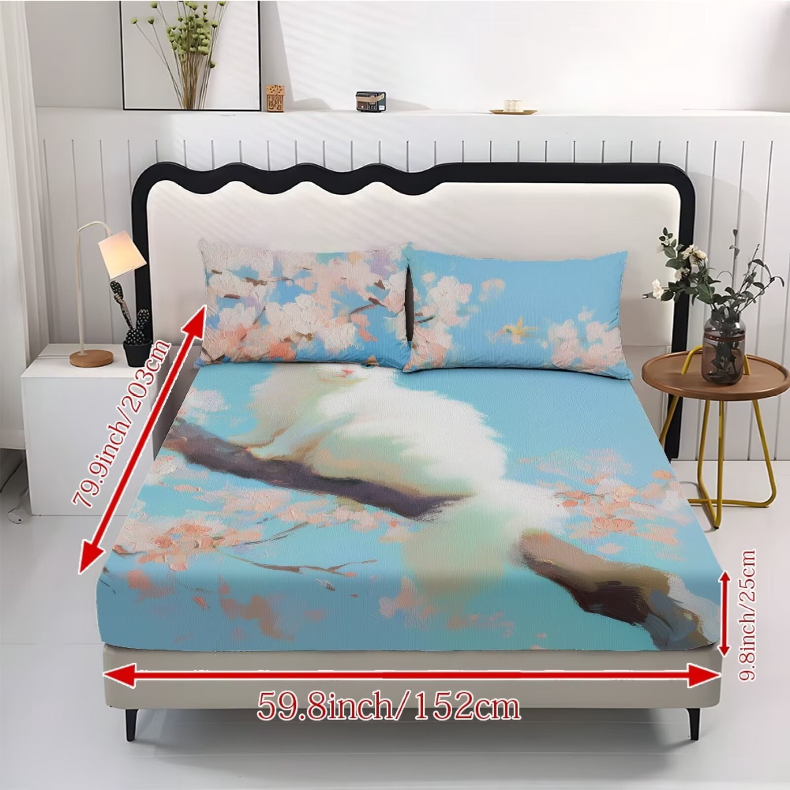 ZIATUBLES 3 PCS Twin Size Sheets Set, 1 Fitted Sheet with 2 Pillowcases, 9.8" Standard Pocket Chic Bed Sheets Set, Soft Cozy Bedding Bedroom Decor, Cherry Blossom White Cat Print