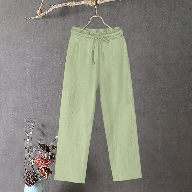Tnhcen Women's Spring Autumn Drawstring Cotton Linen Pants - Casual Straight Leg Trousers with Adjustable Waist S-5XL Basic Solid Color for Easy Style
