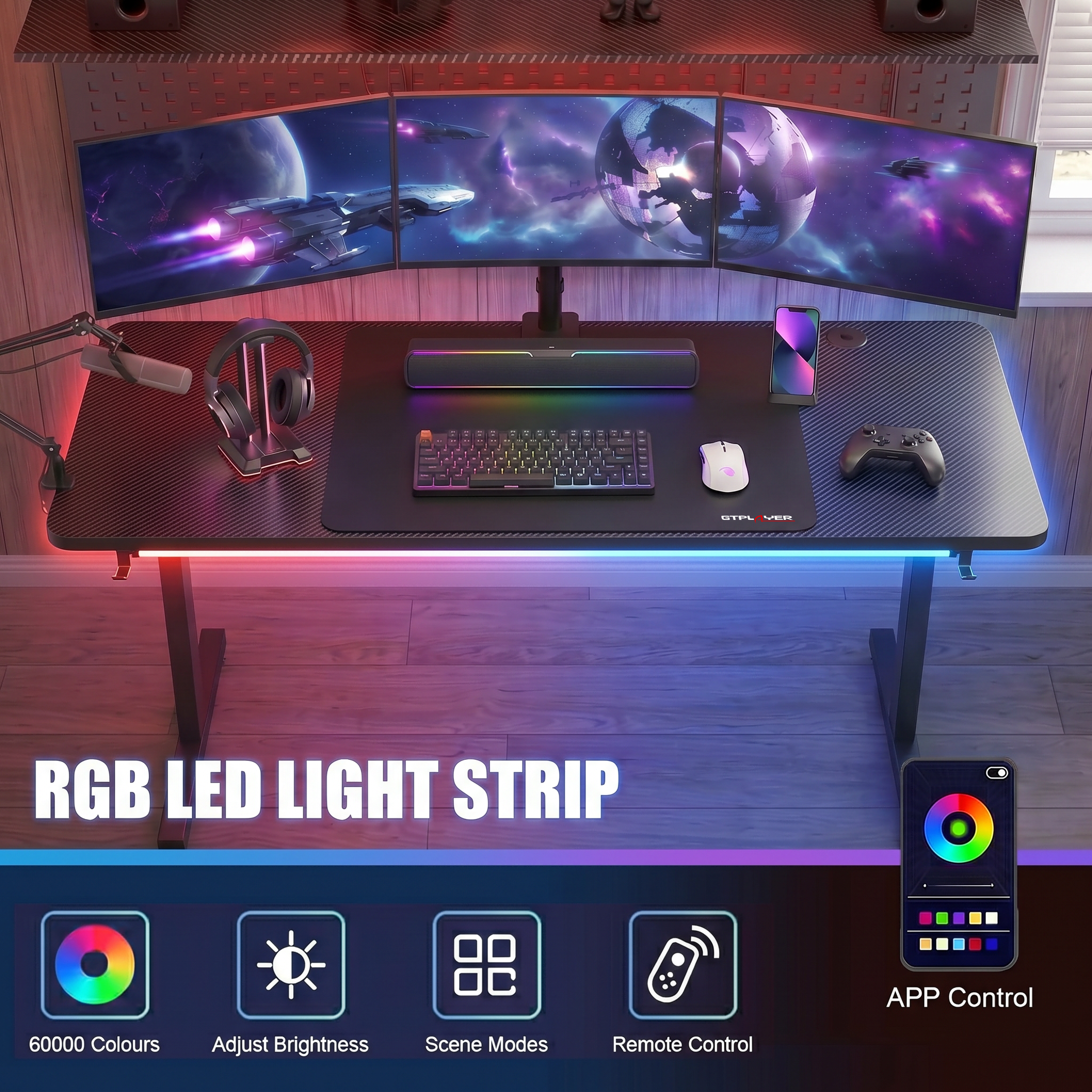 COMHOMA 55" Gaming Desk with Smart APP & Remote RGB Lights, Carbon Fiber Surface Computer Table with Full Mouse Pad & Headphone Hook, Black